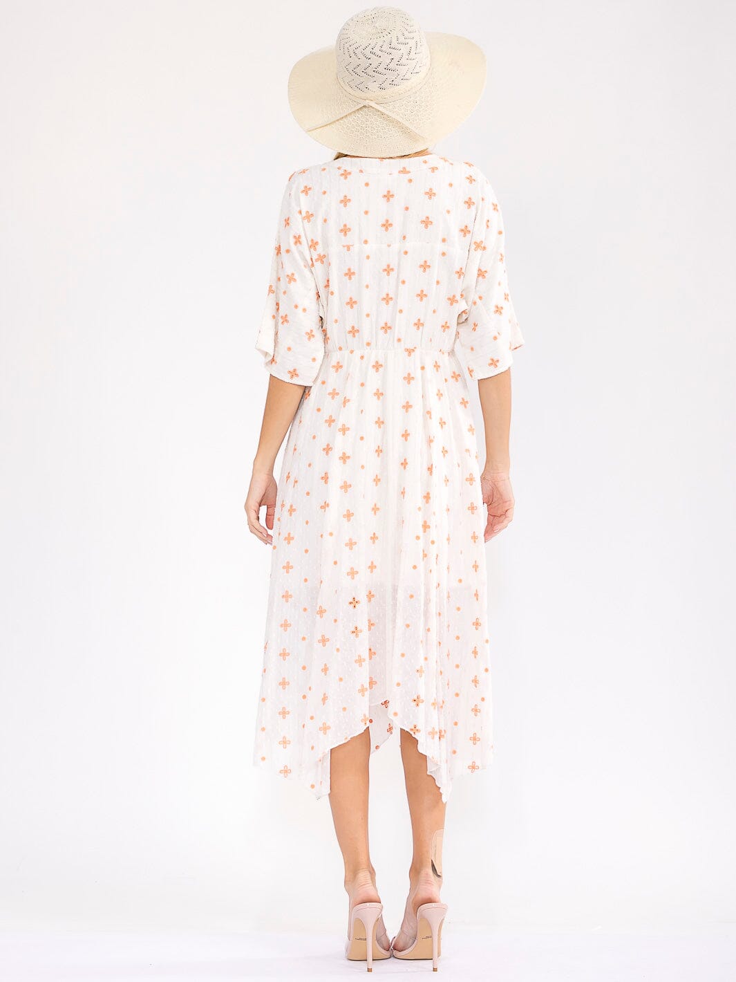 WOMEN'S SHORT SLEEVE V-NECK EYELET DETAILED MIDI DRESS