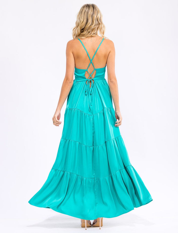 WOMEN'S SLEEVELESS V-NECK OPEN BACK TIERED MAXI DRESS