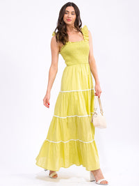 WOMEN'S RUFFLE SLEEVELESS FRONT POCKETS SMOCK TIERED MAXI DRESS