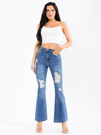 WOMEN'S BUTTON CLOSURE DISTRESS WASHED BELL LEG DENIM PANTS