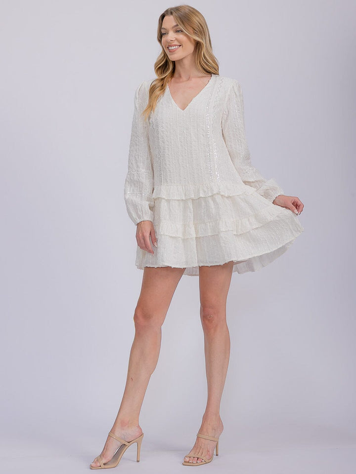 WOMEN'S LONG SLEEVE V-NECK RUFFLE TIERED SHIMMER MINI DRESS