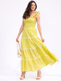 WOMEN'S RUFFLE SLEEVELESS FRONT POCKETS SMOCK TIERED MAXI DRESS