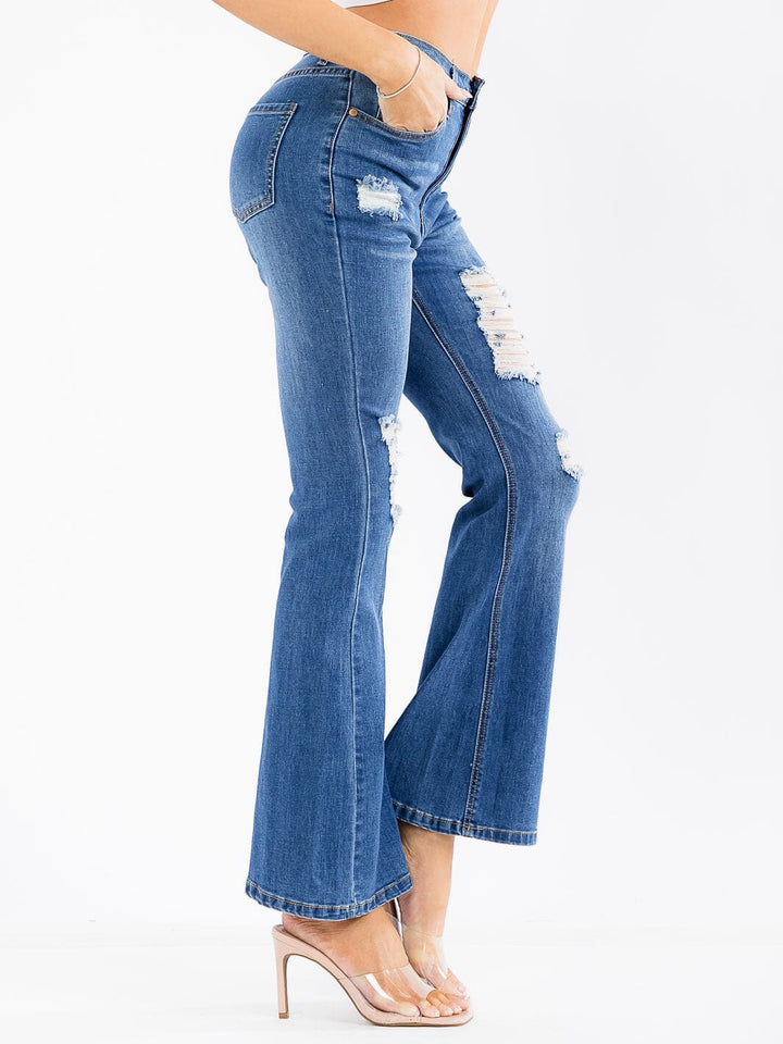 WOMEN'S BUTTON CLOSURE DISTRESS WASHED BELL LEG DENIM PANTS