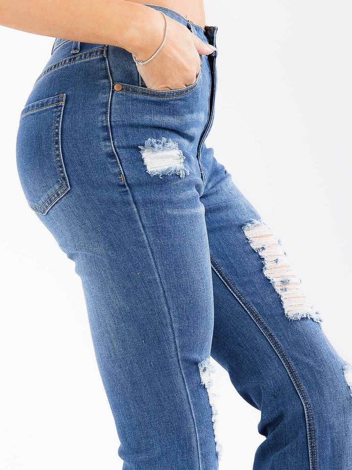 WOMEN'S BUTTON CLOSURE DISTRESS WASHED BELL LEG DENIM PANTS