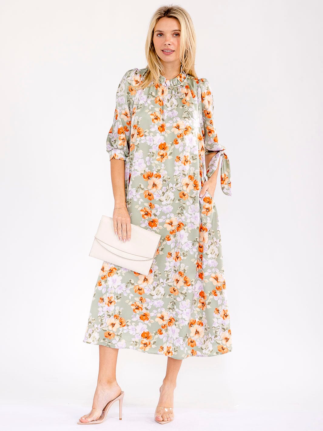 WOMEN'S 3/4 SLEEVE FRONT POCKETS FLORAL PRINT MAXI DRESS