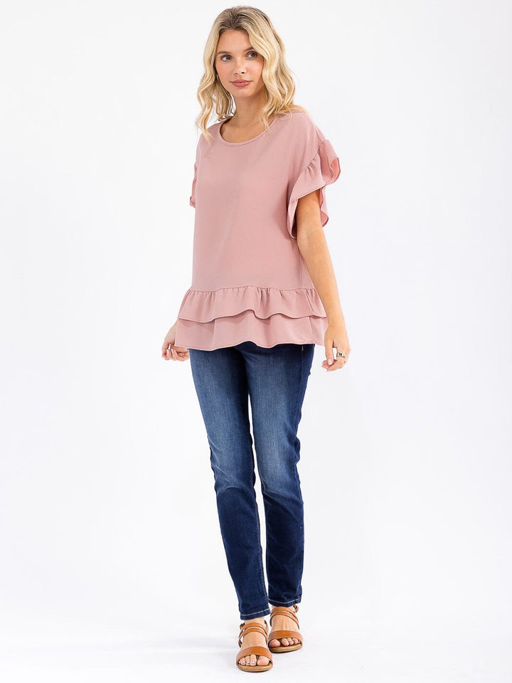 WOMEN'S SHORT RUFFLE SLEEVE TIERED BLOUSE