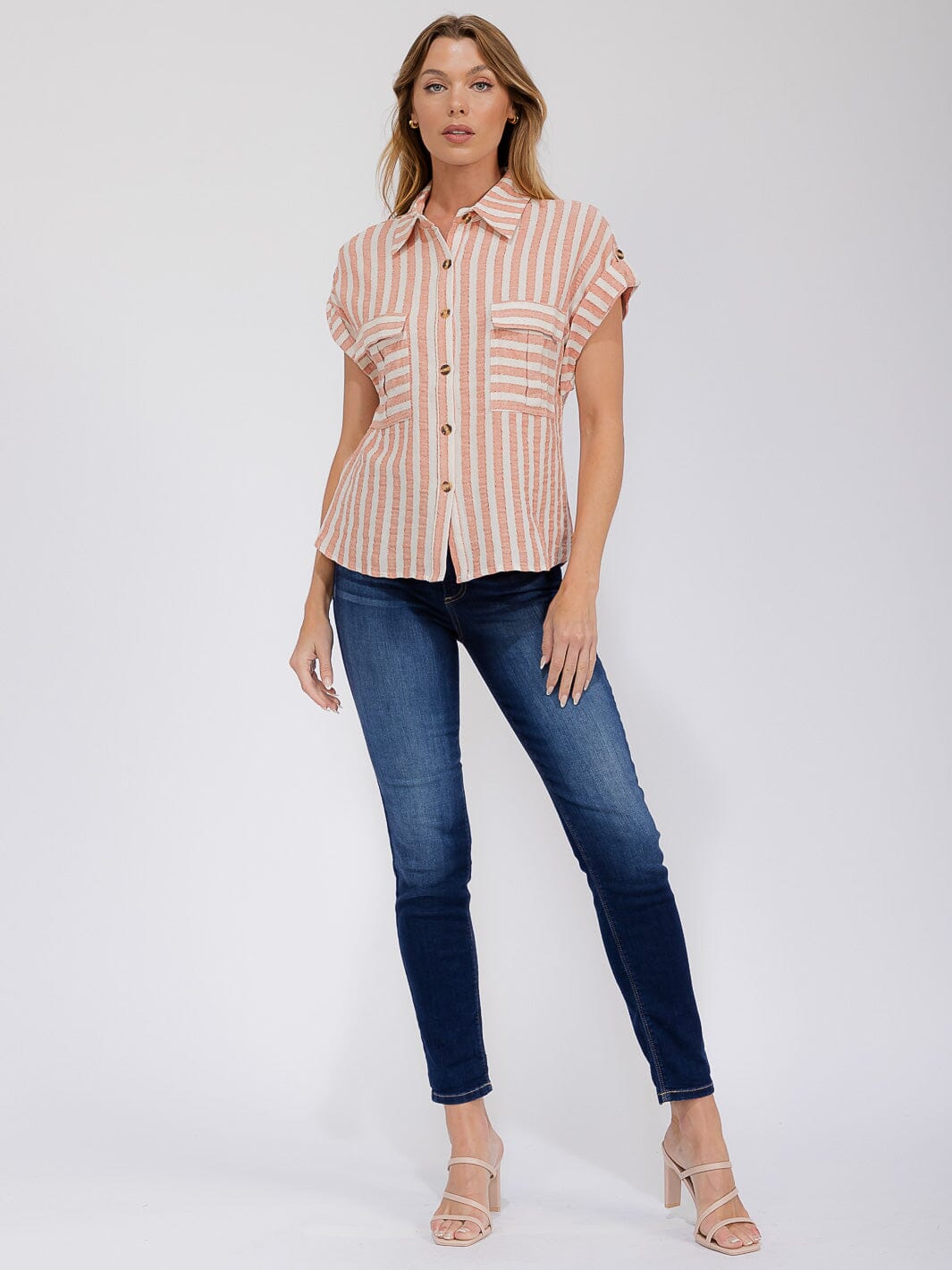 WOMEN'S SHORT SLEEVE FRONT POCKET BUTTON UP COLORBLOCK STRIPES BLOUSE