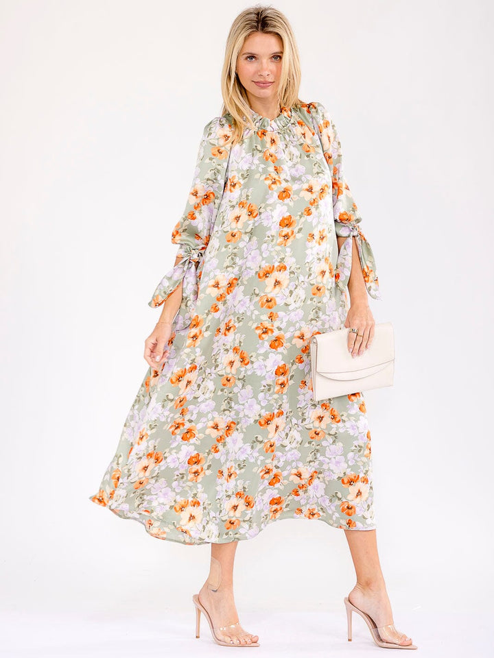 WOMEN'S 3/4 SLEEVE FRONT POCKETS FLORAL PRINT MAXI DRESS