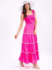 WOMEN'S RUFFLE SLEEVELESS FRONT POCKETS SMOCK TIERED MAXI DRESS