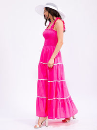 WOMEN'S RUFFLE SLEEVELESS FRONT POCKETS SMOCK TIERED MAXI DRESS