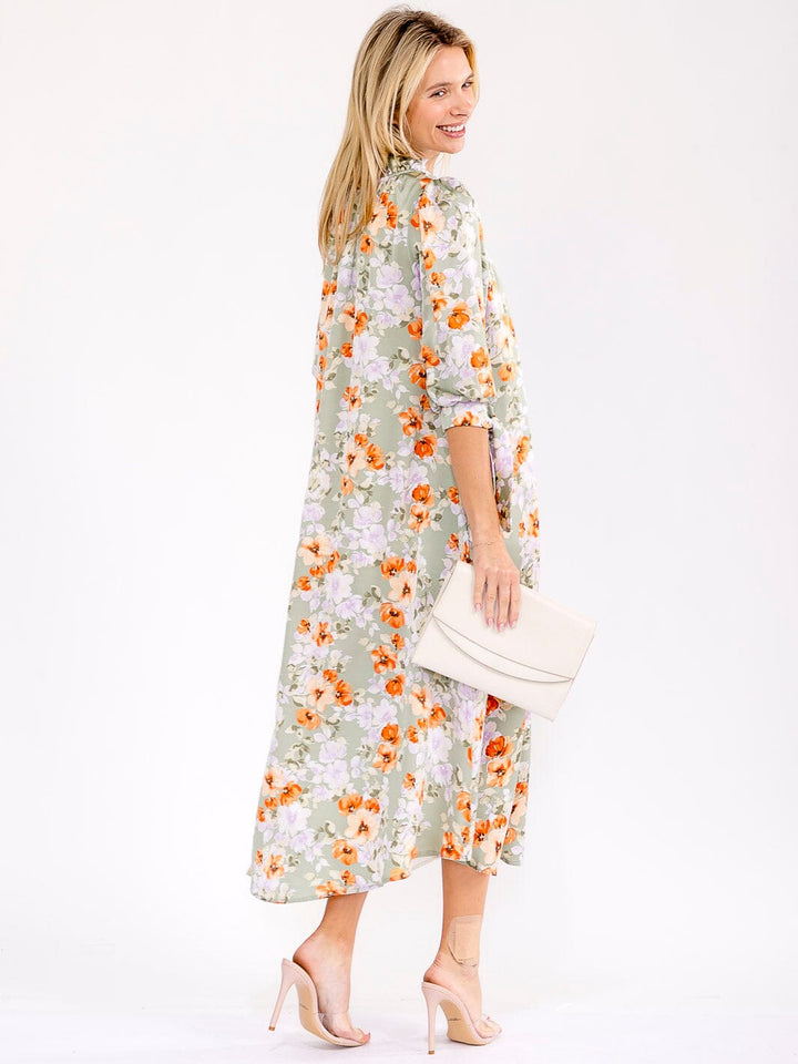 WOMEN'S 3/4 SLEEVE FRONT POCKETS FLORAL PRINT MAXI DRESS