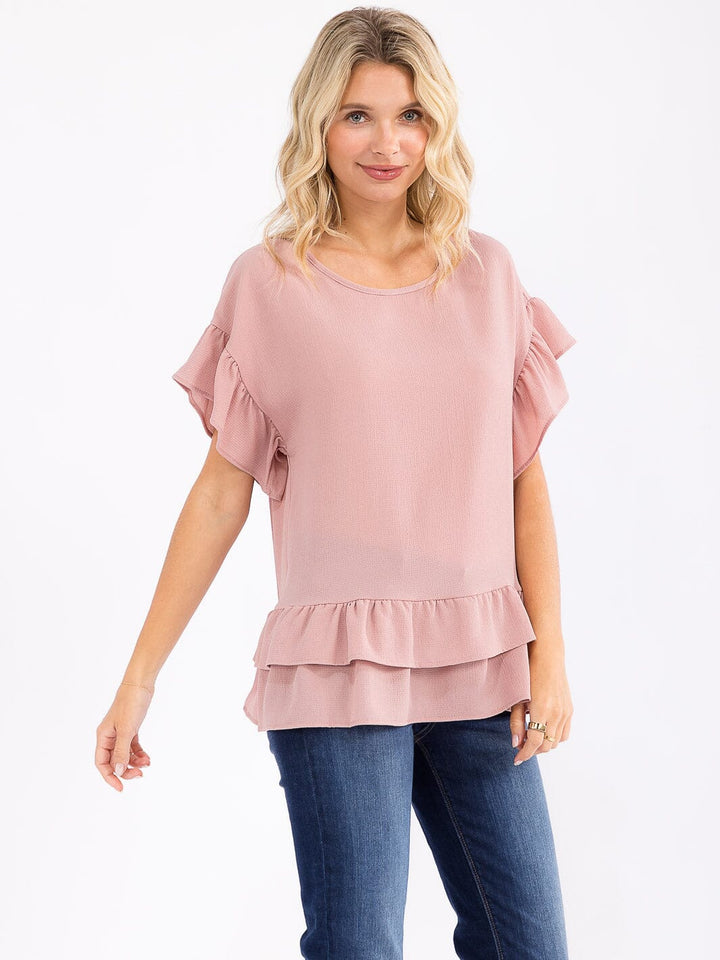 WOMEN'S SHORT RUFFLE SLEEVE TIERED BLOUSE