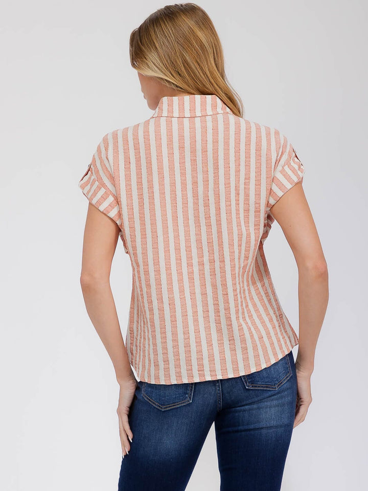 WOMEN'S SHORT SLEEVE FRONT POCKET BUTTON UP COLORBLOCK STRIPES BLOUSE