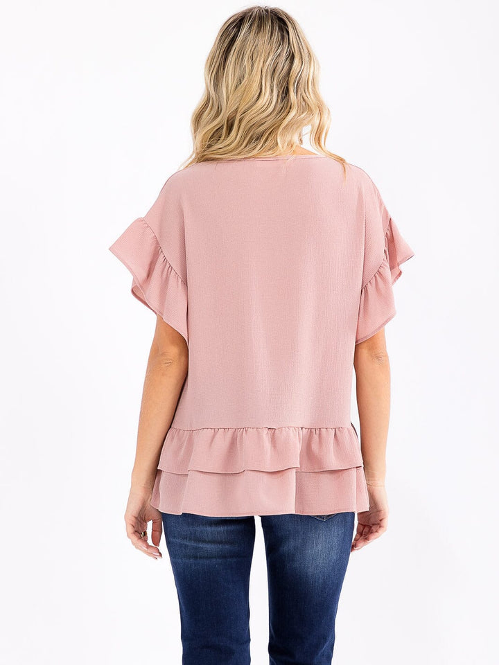 WOMEN'S SHORT RUFFLE SLEEVE TIERED BLOUSE