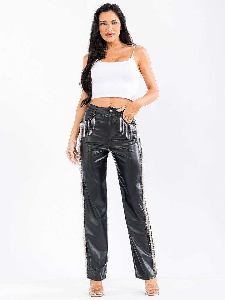 WOMEN'S BUTTON CLOSURE POCKETS STUDS FRINGE DETAILED PU PLEATHER WIDE LEG PANTS