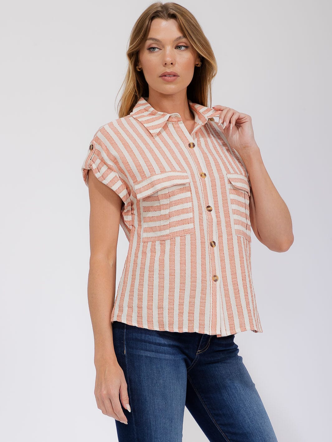 WOMEN'S SHORT SLEEVE FRONT POCKET BUTTON UP COLORBLOCK STRIPES BLOUSE