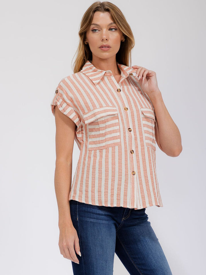 WOMEN'S SHORT SLEEVE FRONT POCKET BUTTON UP COLORBLOCK STRIPES BLOUSE