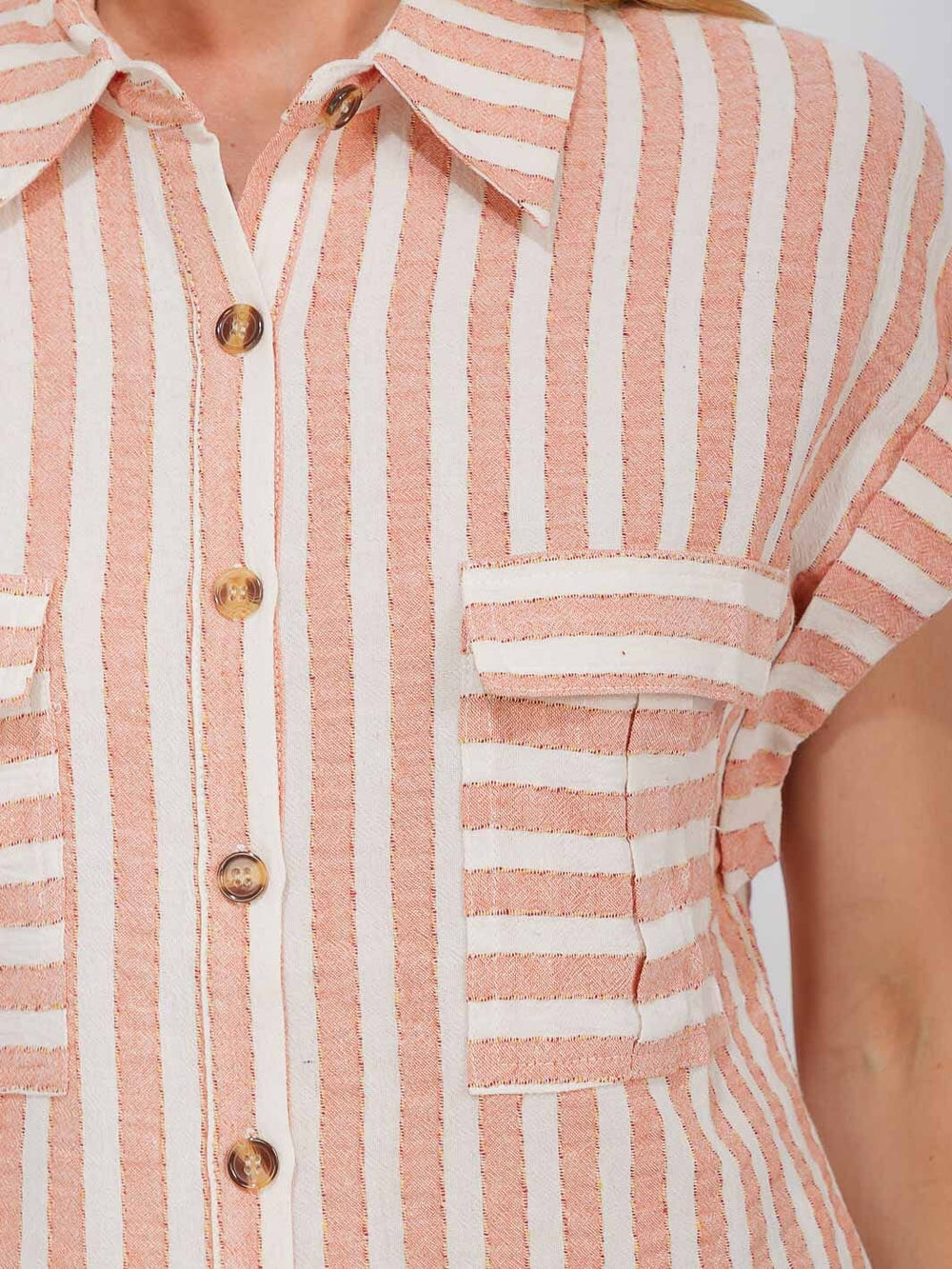 WOMEN'S SHORT SLEEVE FRONT POCKET BUTTON UP COLORBLOCK STRIPES BLOUSE