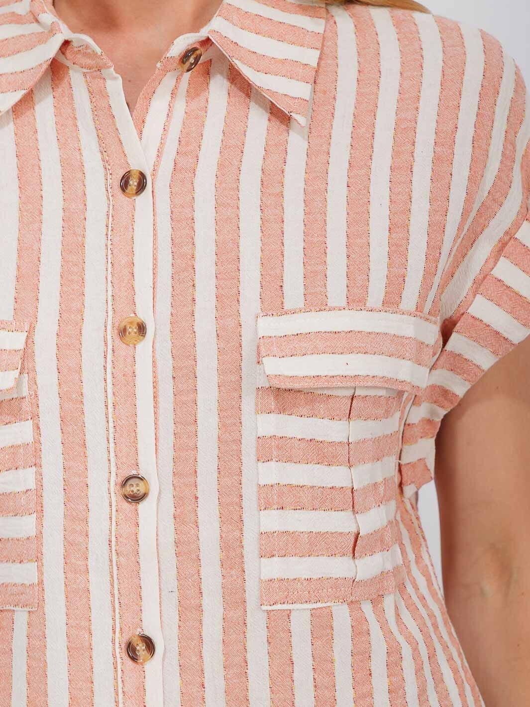 WOMEN'S SHORT SLEEVE FRONT POCKET BUTTON UP COLORBLOCK STRIPES BLOUSE