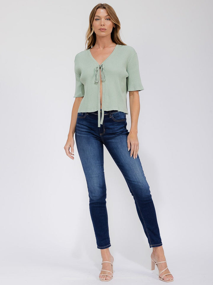 WOMEN'S SHORT SLEEVE OPEN FRONT SELF TIE RIBBED TOP