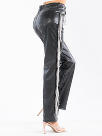 WOMEN'S BUTTON CLOSURE POCKETS STUDS FRINGE DETAILED PU PLEATHER WIDE LEG PANTS
