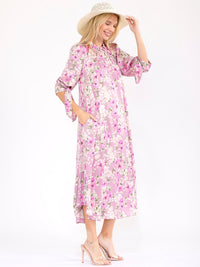 WOMEN'S 3/4 SLEEVE FRONT POCKETS FLORAL PRINT MAXI DRESS
