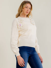 WOMEN'S LONG SLEEVE CROCHET FLOWER DETAILED PULLOVER SWEATER