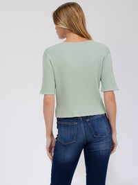 WOMEN'S SHORT SLEEVE OPEN FRONT SELF TIE RIBBED TOP