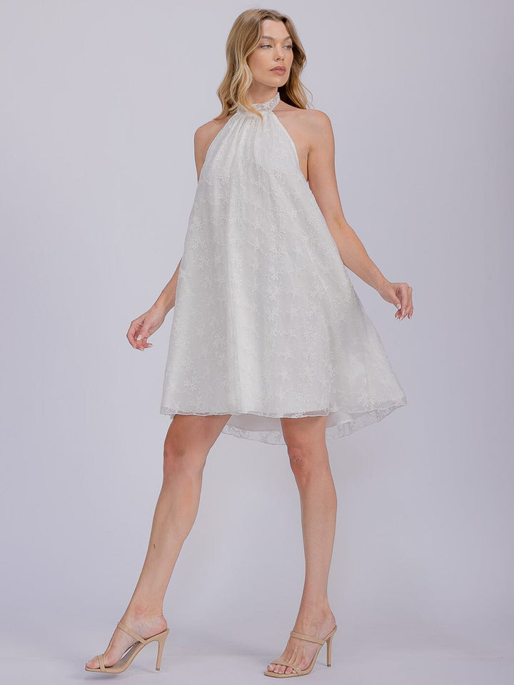 WOMEN'S SLEEVELESS HALTER NECK CROCHET FLORAL MINI DRESS