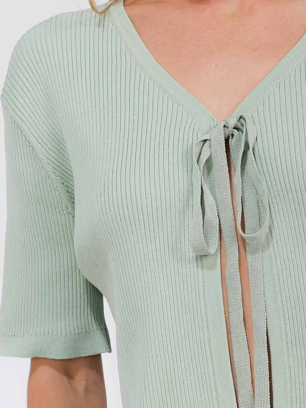 WOMEN'S SHORT SLEEVE OPEN FRONT SELF TIE RIBBED TOP