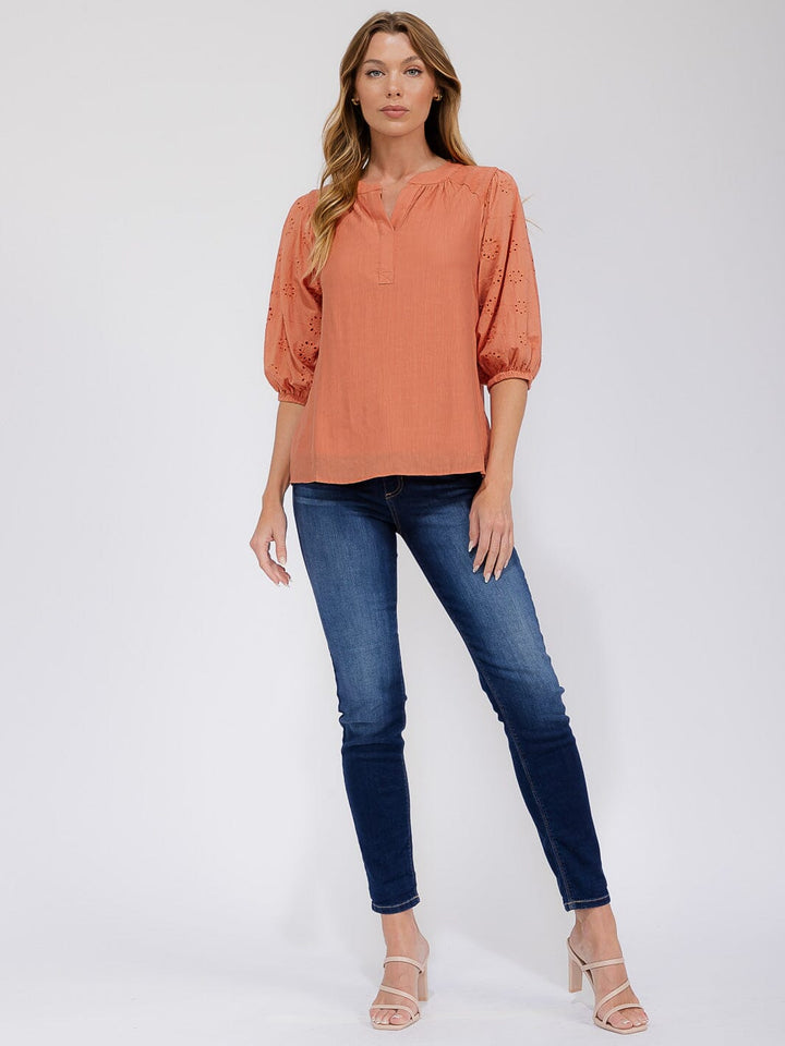 WOMEN'S SHORT EYELET SLEEVE V-NECK BLOUSE