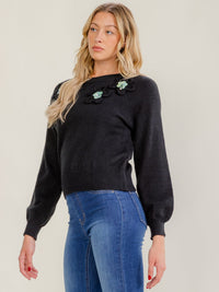 WOMEN'S LONG SLEEVE CROCHET FLOWER DETAILED PULLOVER SWEATER