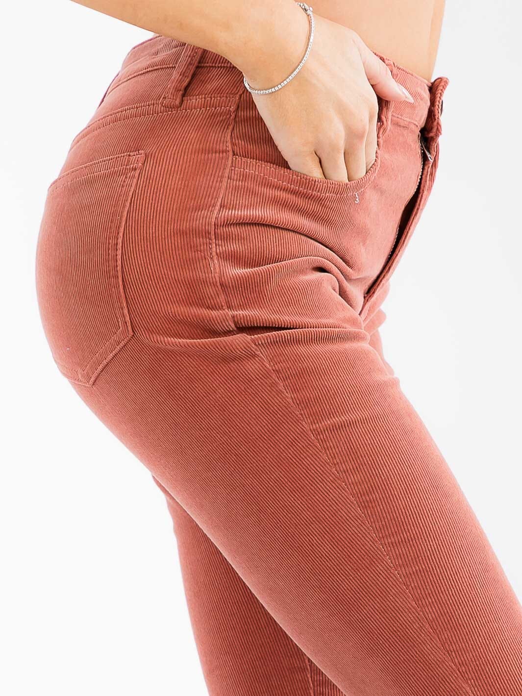 WOMEN'S BUTTON CLOSURE POCKETS BELL LEG CORDUROY PANTS