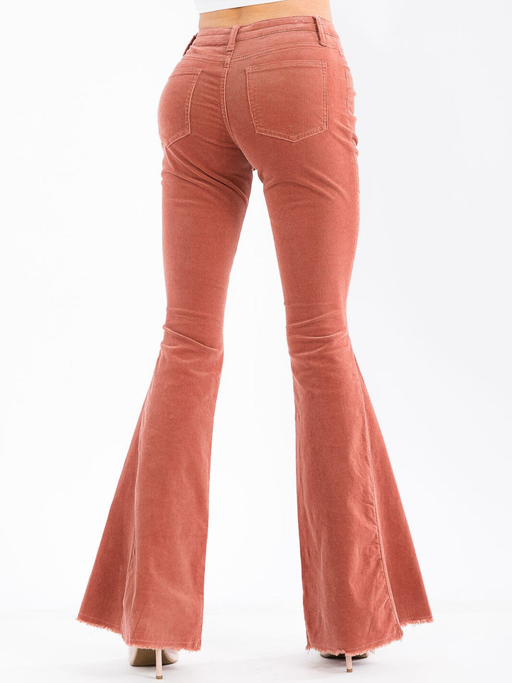 WOMEN'S BUTTON CLOSURE POCKETS BELL LEG CORDUROY PANTS