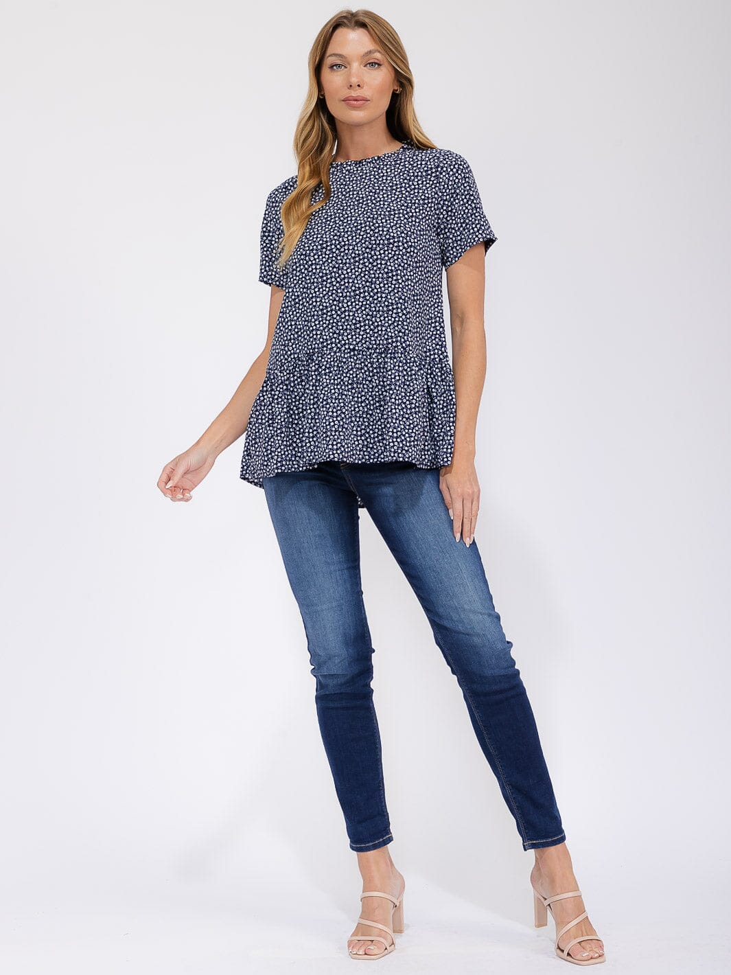 WOMEN'S SHORT SLEEVE FLOWER HIGH-LOW BLOUSE