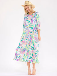 WOMEN'S 3/4 SLEEVE FRONT POCKETS FLORAL PRINT MAXI DRESS