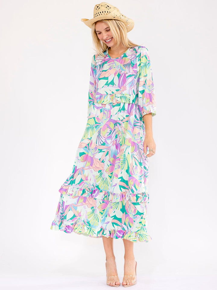WOMEN'S 3/4 SLEEVE FRONT POCKETS FLORAL PRINT MAXI DRESS