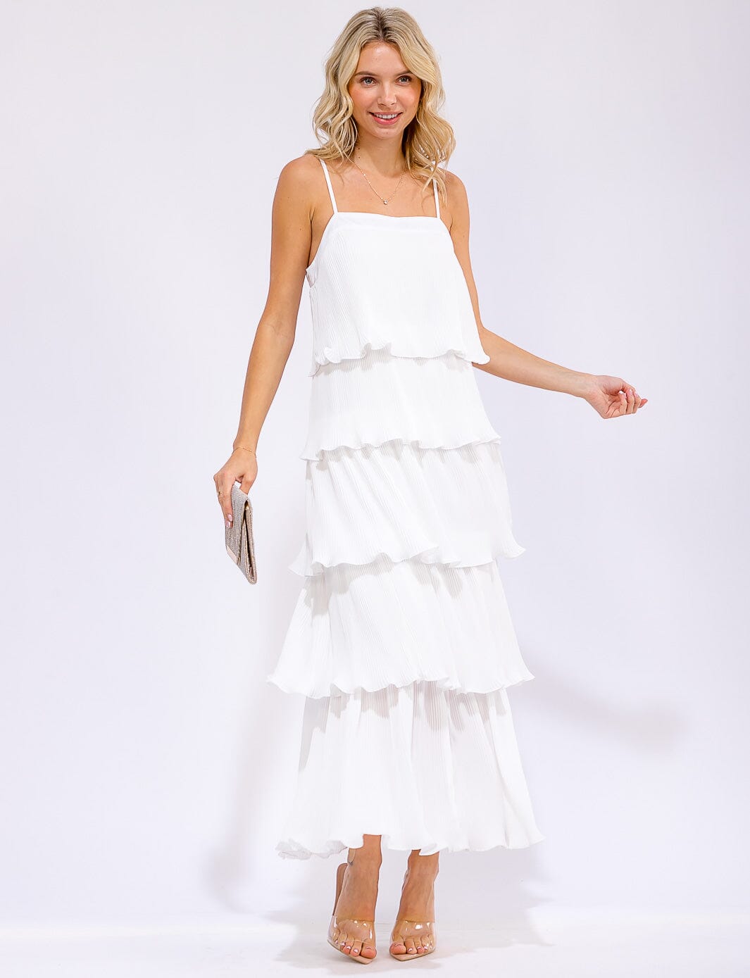 WOMEN'S SLEEVELESS RUFFLE TIERED PLEATED MAXI DRESS