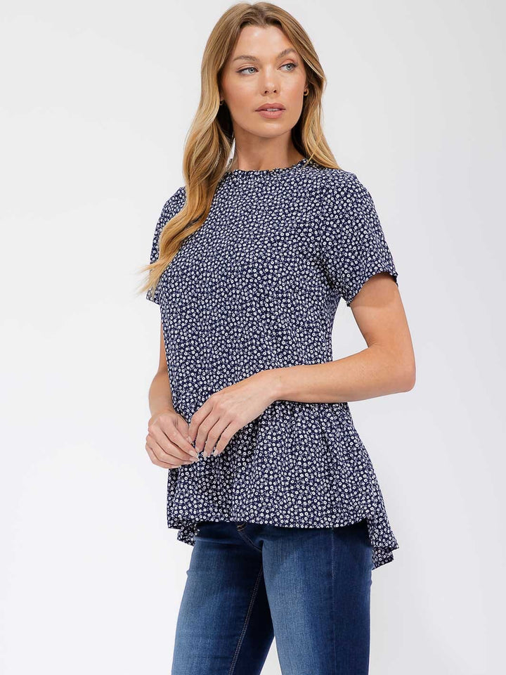 WOMEN'S SHORT SLEEVE FLOWER HIGH-LOW BLOUSE