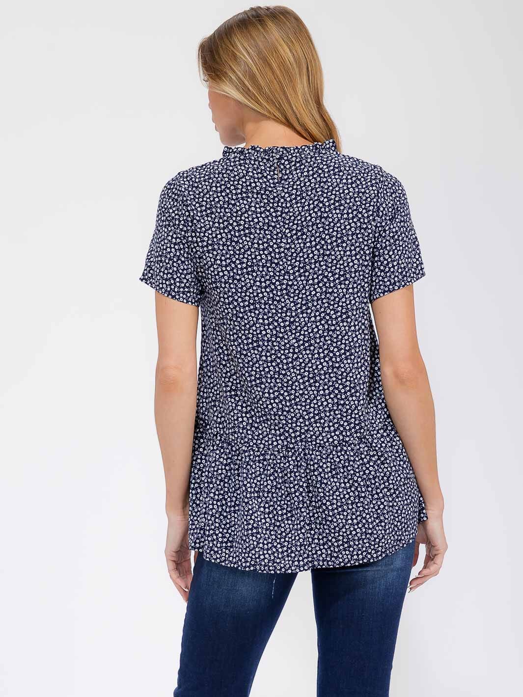WOMEN'S SHORT SLEEVE FLOWER HIGH-LOW BLOUSE