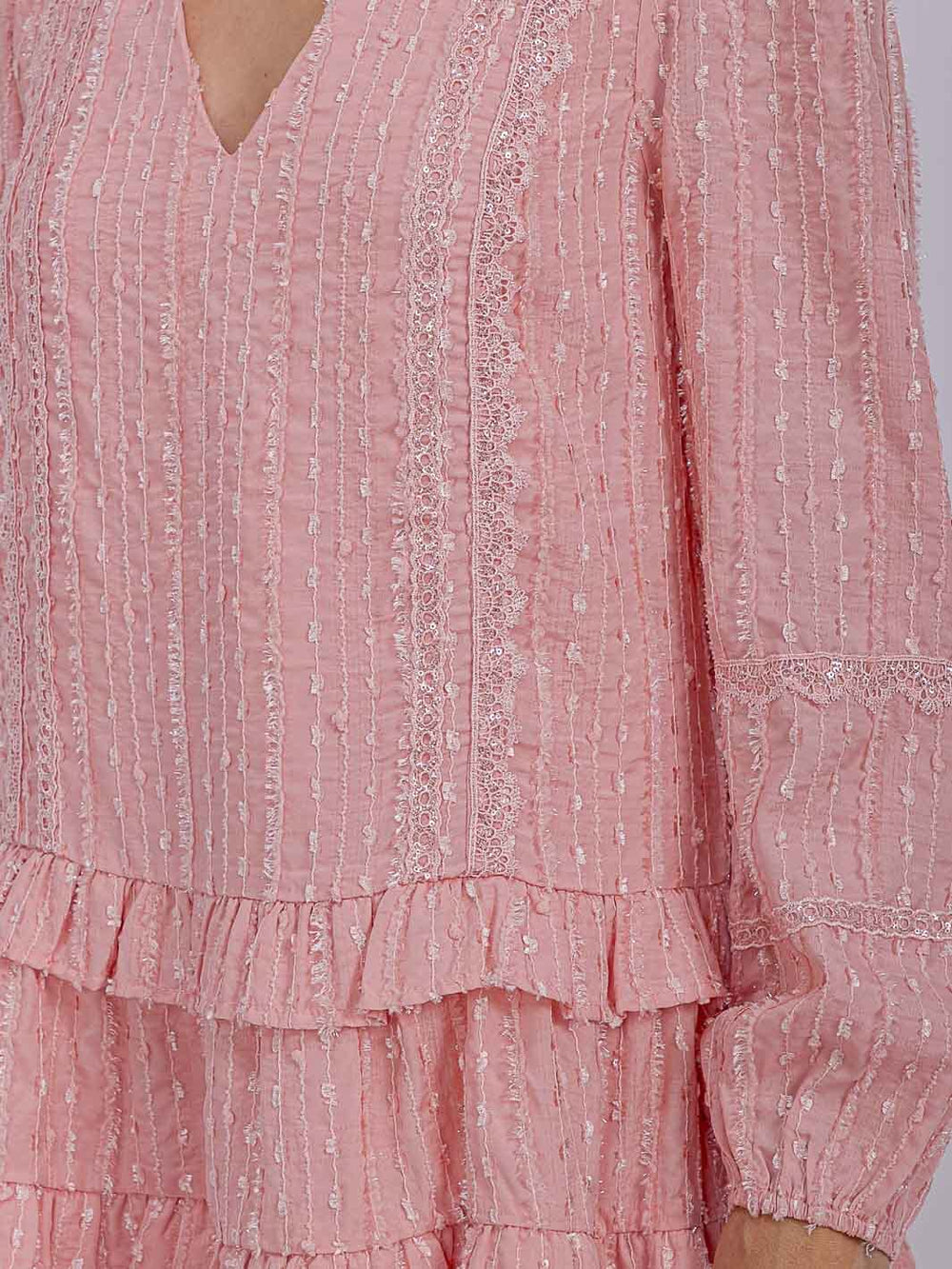 WOMEN'S LONG SLEEVE V-NECK RUFFLE TIERED SHIMMER MINI DRESS