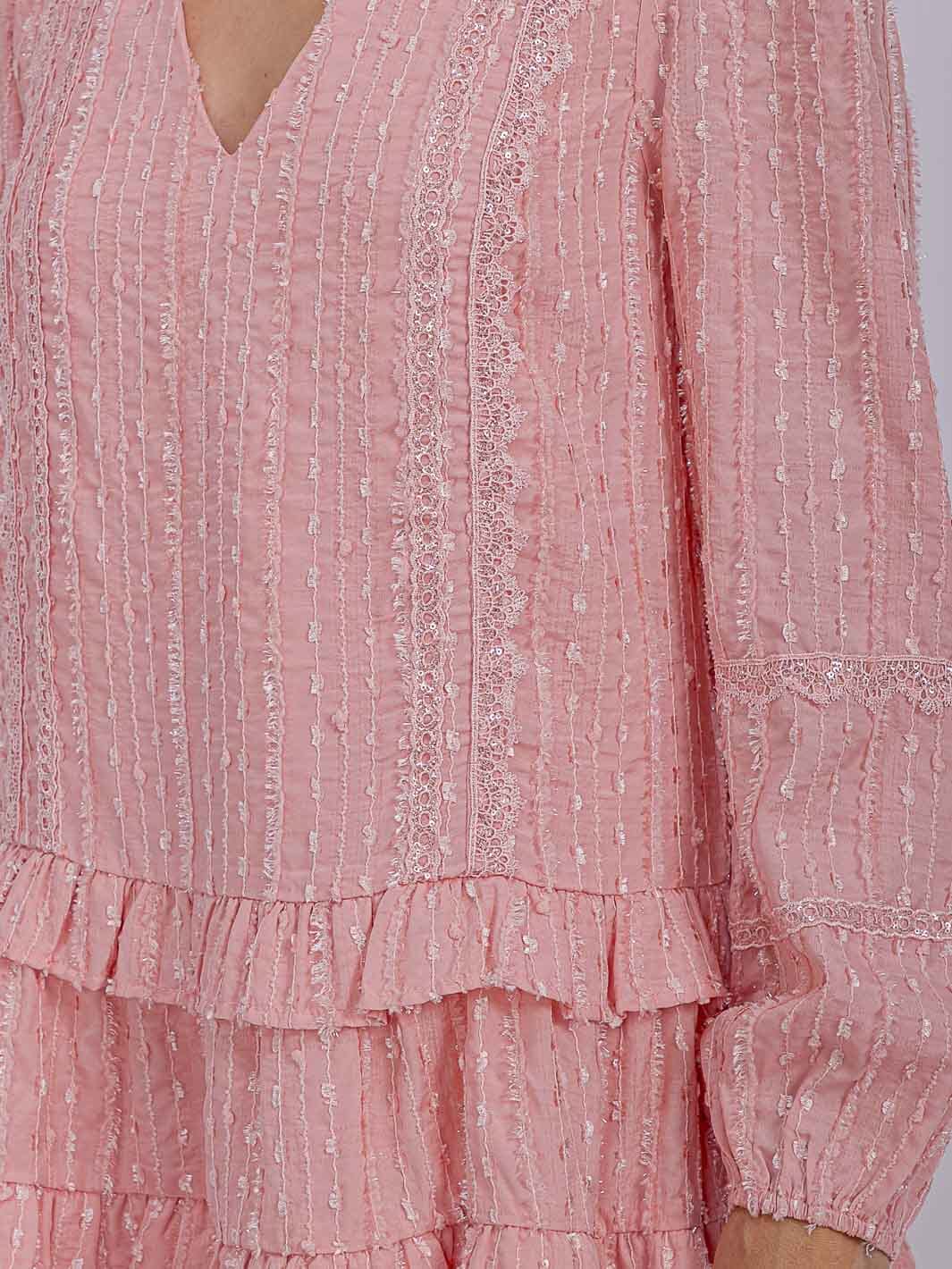 WOMEN'S LONG SLEEVE V-NECK RUFFLE TIERED SHIMMER MINI DRESS