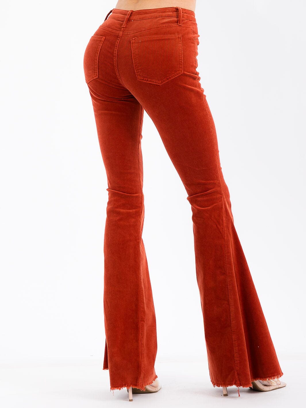 WOMEN'S BUTTON CLOSURE POCKETS BELL LEG CORDUROY PANTS