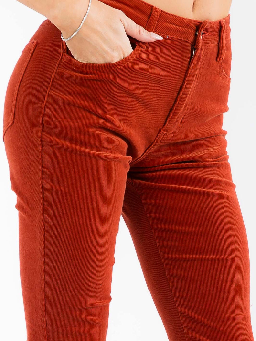 WOMEN'S BUTTON CLOSURE POCKETS BELL LEG CORDUROY PANTS