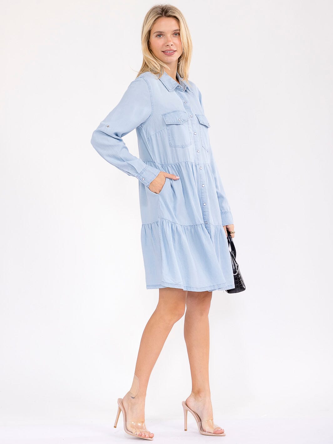 WOMEN'S LONG SLEEVE BUTTON UP FRONT POCKETS TIERED CHAMBRAY MINI DRESS
