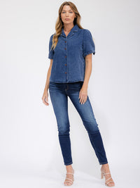 WOMEN'S SHORT SLEEVE BUTTON UP DENIM BLOUSE