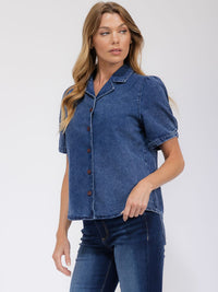 WOMEN'S SHORT SLEEVE BUTTON UP DENIM BLOUSE