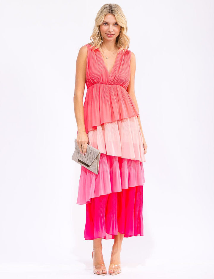WOMEN'S SLEEVELESS V-NECK RUFFLE TIERED COLORBLOCK MAXI DRESS