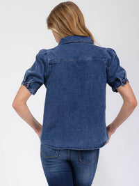 WOMEN'S SHORT SLEEVE BUTTON UP DENIM BLOUSE