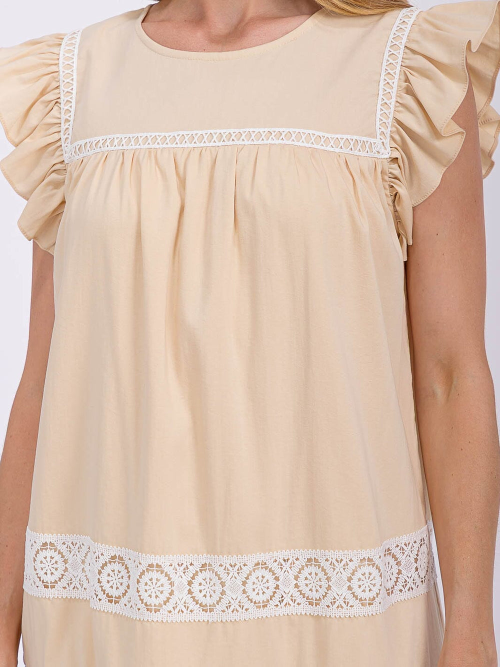 WOMEN'S RUFFLE SLEEVE TRIM DETAILED TIERED TUNIC MINI DRESS